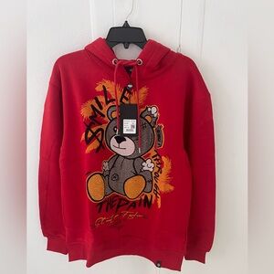 Avenue George V Paris Red Graphic Hoodie with Bear Design rhinestone NWT
